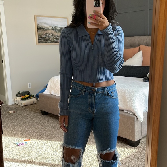 Blue Crop Zip Sweater - Picture 2 of 2